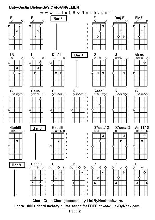 Chord Grids Chart of chord melody fingerstyle guitar song-Baby-Justin Bieber-BASIC ARRANGEMENT,generated by LickByNeck software.
